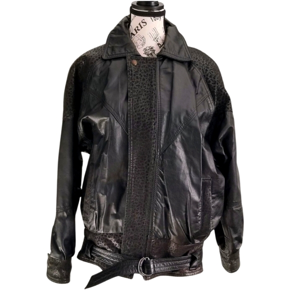 🇨🇦 90s Genuine Leather Black Leopard Bomber Jacket Size Medium Large - Picture 1 of 10